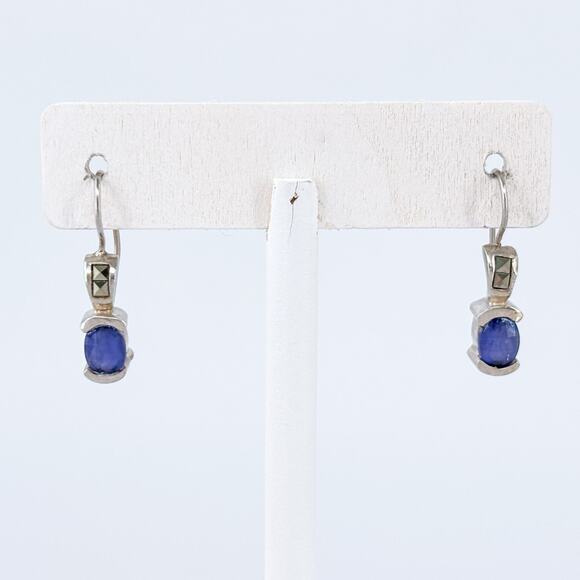 Vintage Sterling Silver 925 Blue Crystal Marcasite Drop Earrings - Picture 2 of 8